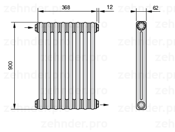 Схема (чертеж) Радиатор Zehnder Charleston 2090/8 №1670 Белый глянцевый RAL 9016